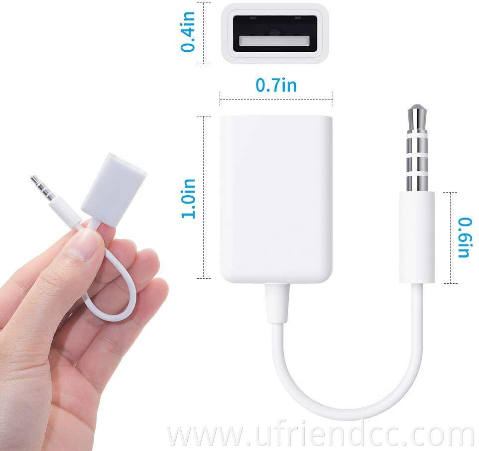Portable White 10cm 3.5mm male aux audio plug jack to usb 2.0 female usb converter cable